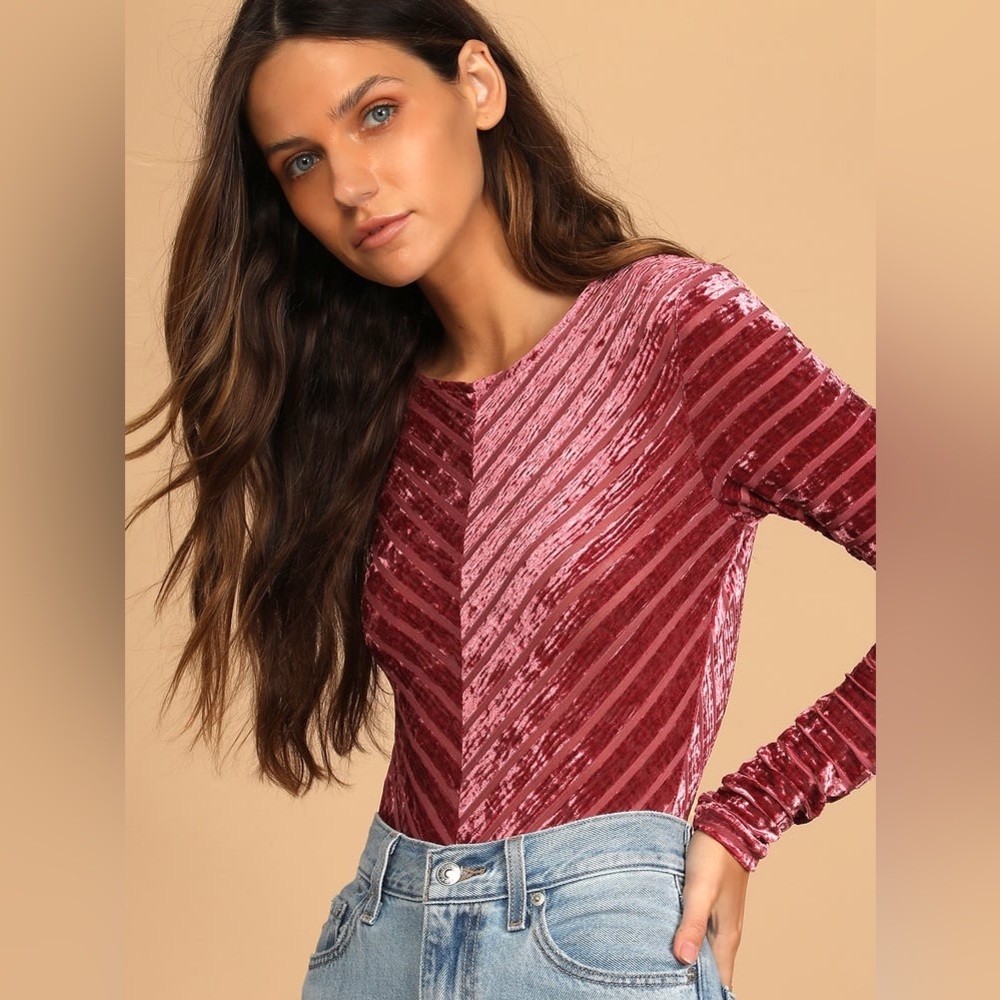 Lulus Save the Date Dusty Pink Velvet Striped Long Sleeve Bodysuit